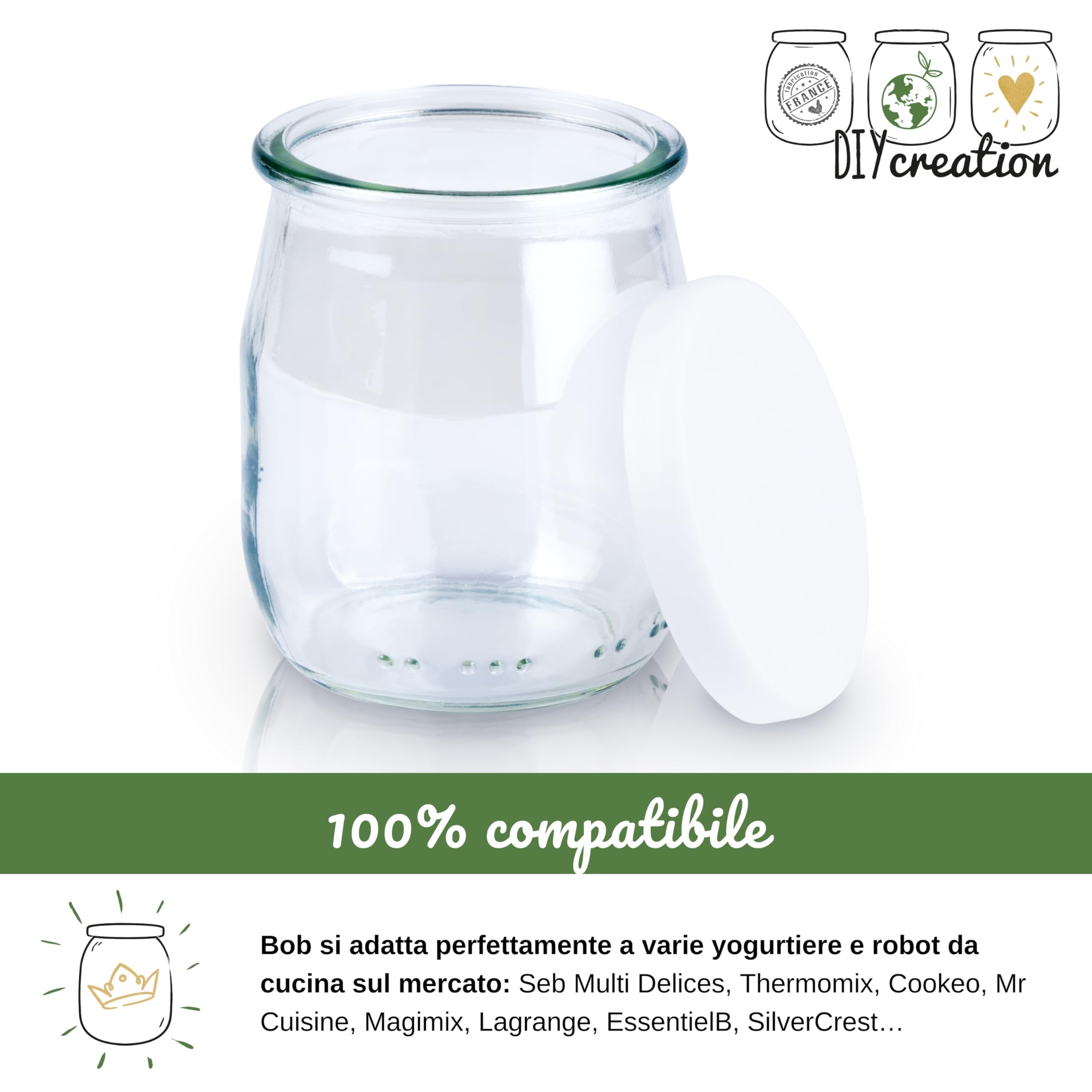 12 Vasetti in Vetro per Yogurt con Coperchi ermetici per Yogurtiera - Robot (Bimby, Magimix,ecc.) - Vasetti Vetro piccoli per neonati - fabbricazione francese - 125 g/143 ml