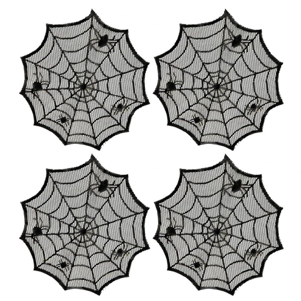Xvylfznp Black 4 Pcs Halloween Spider Wed Placemats 12Inch Round Lace Gothic Table Mats Hollow Out Spiderweb Coasters For Halloween Kitchen Table Decoration