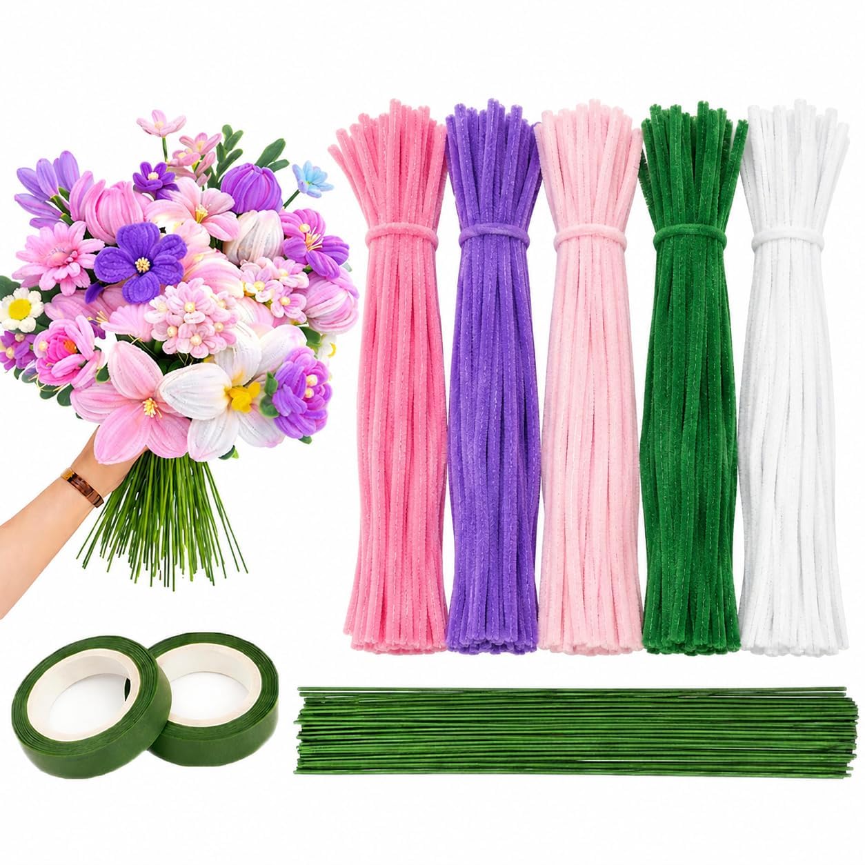 Pipe Cleaners Set, 500 Pcs, Fuzzy Chenille Stems and Fluffy Sticks, with Floral Tape and Wire, for Flower Making, Kids Arts, School Supplies, Party Decor (Purple, pink, kit)-image-19