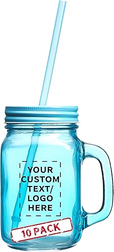 Tarros Mason de colores de 15 onzas con pajilla paquete de 10 unidades texto personalizable logotipo color azul