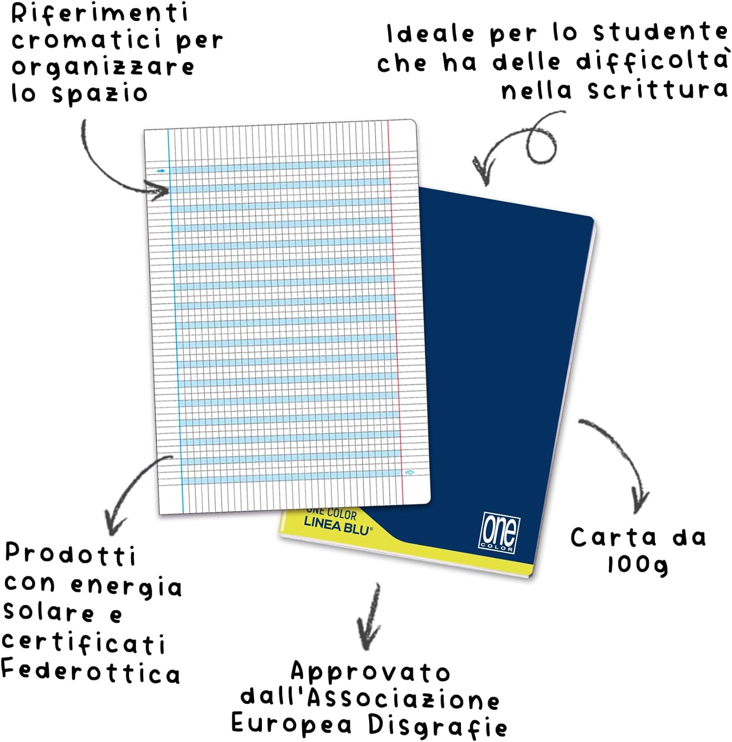 Blasetti - 6 Maxi Learning Notebooks One Colour. 100 g paper, 72 sides + flap, Jolly Page, ideal for dysgraphy, pack containing assorted colours - 10+ squares