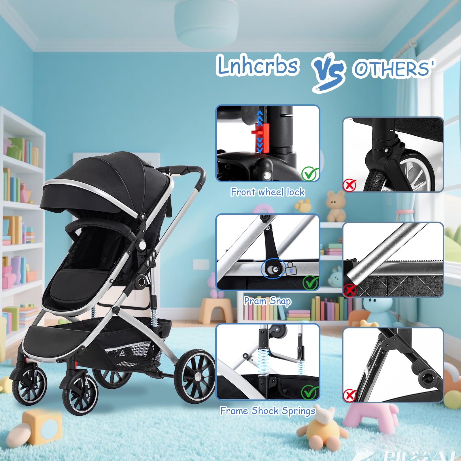 Cochecito de Bebé 3 en 1, Cochecito Plegable en Un Clic, Cochecito Alto con Asiento Ancho y Acogedor (38.5cm), Se Puede Bloquear las Ruedas Delanteras