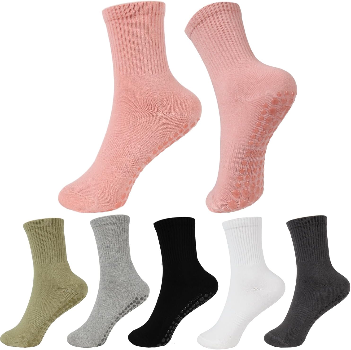Ivyhouse 6 Pairs Pilates Socks for Women with Non Slip Grippers, Yoga Crew Socks for Barre Hospital Sticky Slipper Socks