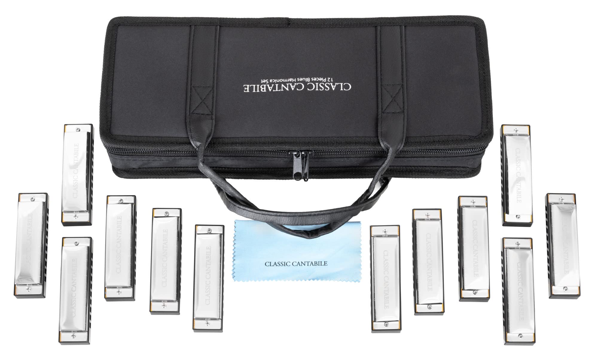 Classic Cantabile AHBS-12 Alabama Blues Harmonica 12er Mundharmonika Set - Diatonische Mundharmonikas in verschiedenen Stimmungen - 10 Messing Stimmzungen - Edelstahl-Gehäuse - Inkl. Etui & Tuch