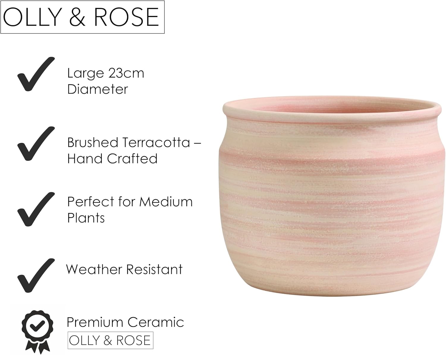 Olly & Rose Large Terracotta Plant Pot Brushed - Ceramic Plant Pot 9 Inch Outdoor and Indoor Flower Planter for Home and Garden