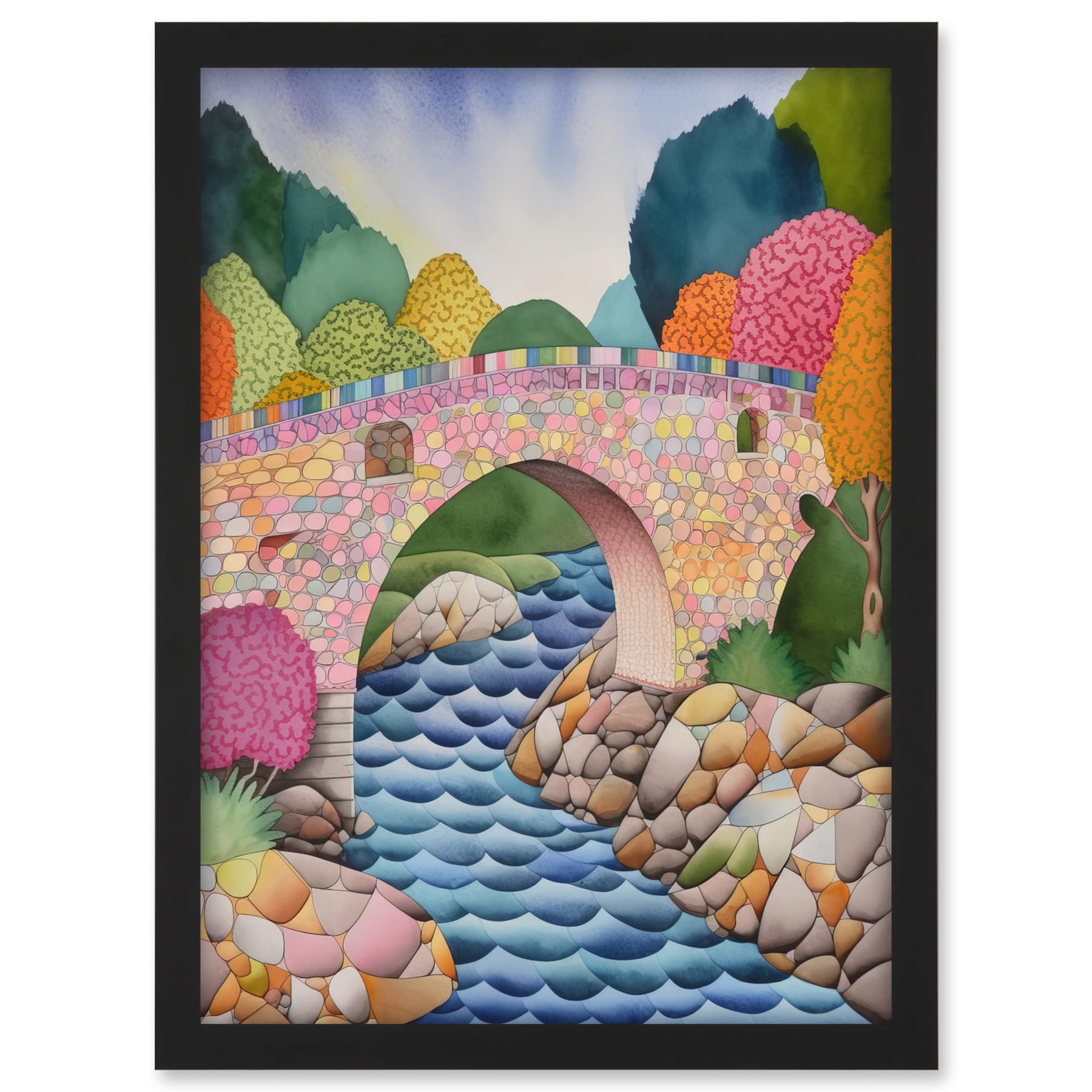 Artery8 Modern Folk Art Countryside Bridge Artwork Framed A3 Wall Art Print
