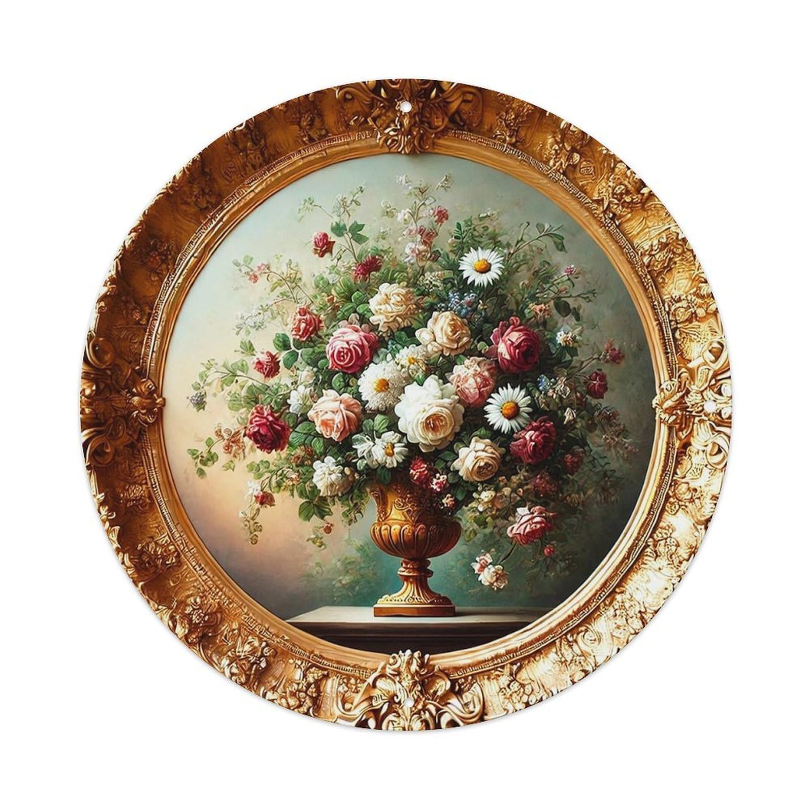 Floral Arrangement In Golden_1 Retro Metal Sign Round Tin Sign, Vintage Decor Art Poster for Bar, Home, Man Cave, Kitchen, Laundry Room Gift 8x8Inch
