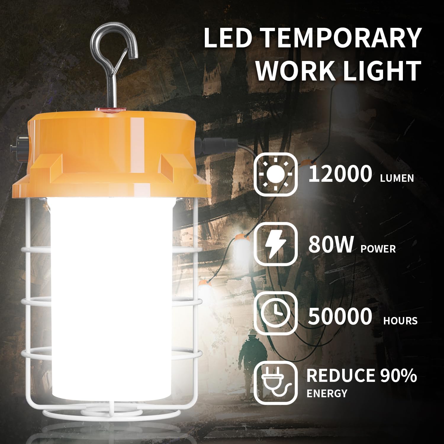 80W LED Temporary Work Light 12000lm 5000K Daylight White Portable Hanging Construction Lighting Led High Bay Light for Workshop Mine Job Site Lighting - Image 5