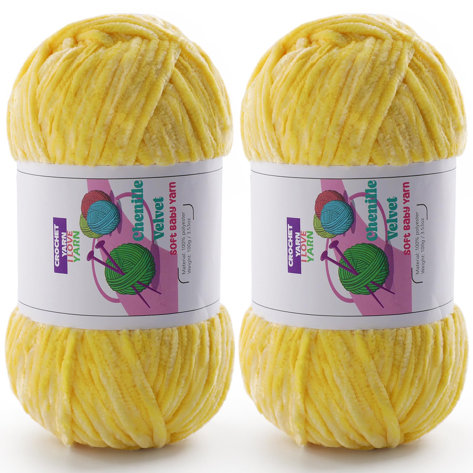 Chenille Velvet Yarn for Crocheting, Yellow Fuzzy Fluffy Yarn for Crochet