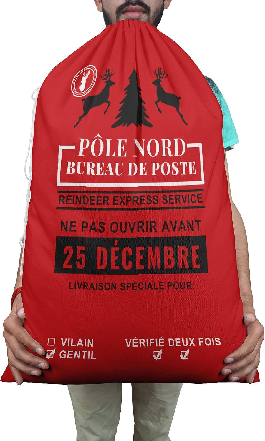 Printtoo 2 Pcs Large Santa Sacks with Drawstring Canvas Xmas Gifts Bags for Kids Christmas 27x20 Inch