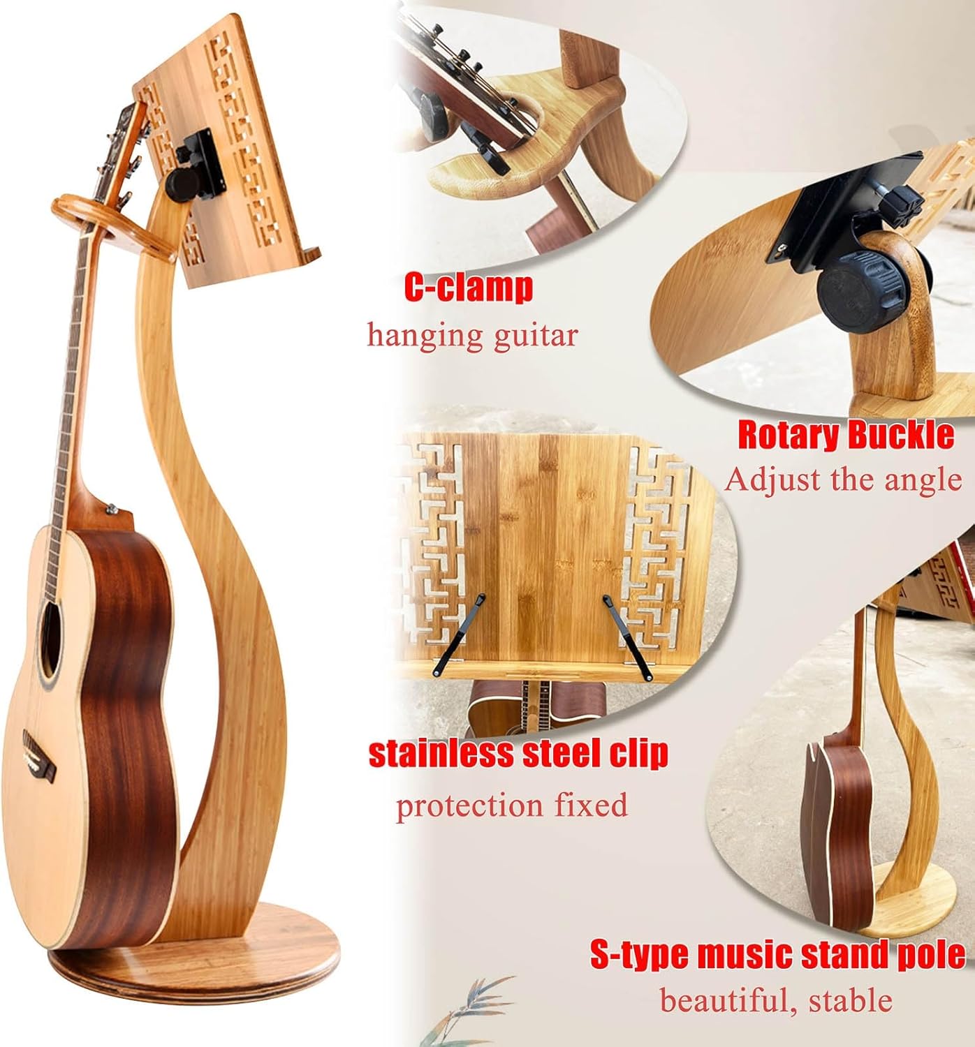 Wooden Sheet Music Stand, Professional Music Book Holder, 2 in 1 Dual Use, Violin Music Stand, Natural Bamboo, Wood Station for Conductors, S-Shaped, Stabilise, Adjustable