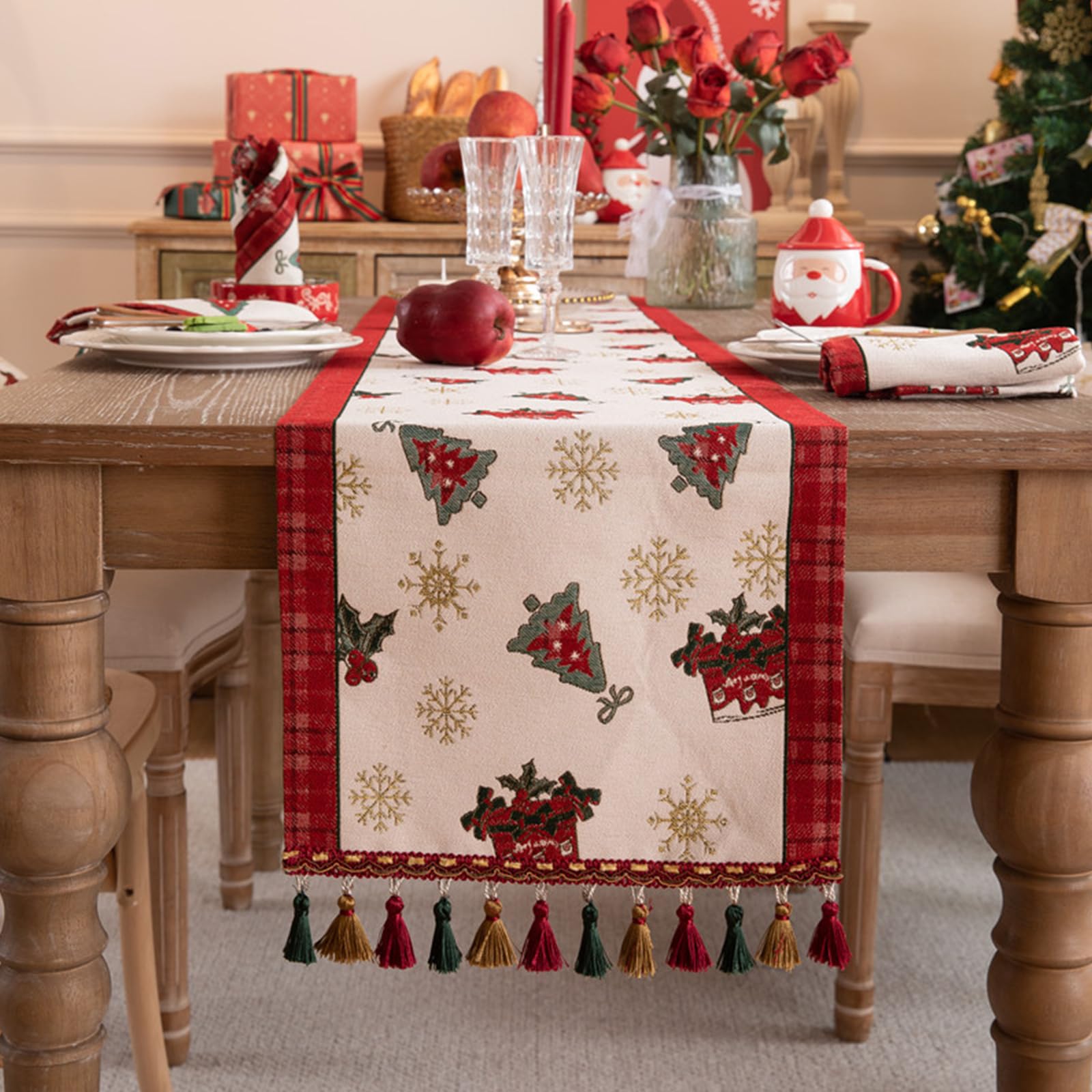 Odot Christmas Table Runner, Winter Jacquard Kitchen Dining Table Decoration Red Long Tablecloth with Fringed for Christmas Events Home Decor (35x300cm,Christmas Tree)