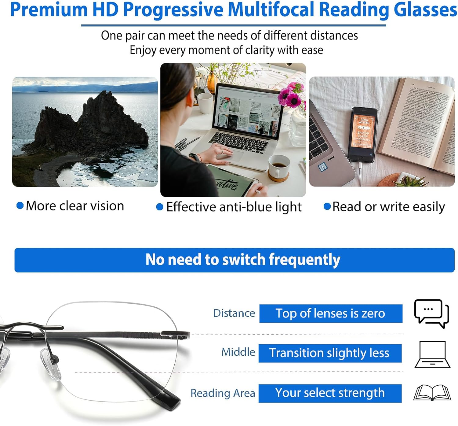 K.LAVER Photochromic Multifocus Progressive Rimless Reading Glasses Men Women Anti Blue Light Transition Multifocal Readers - Image 2