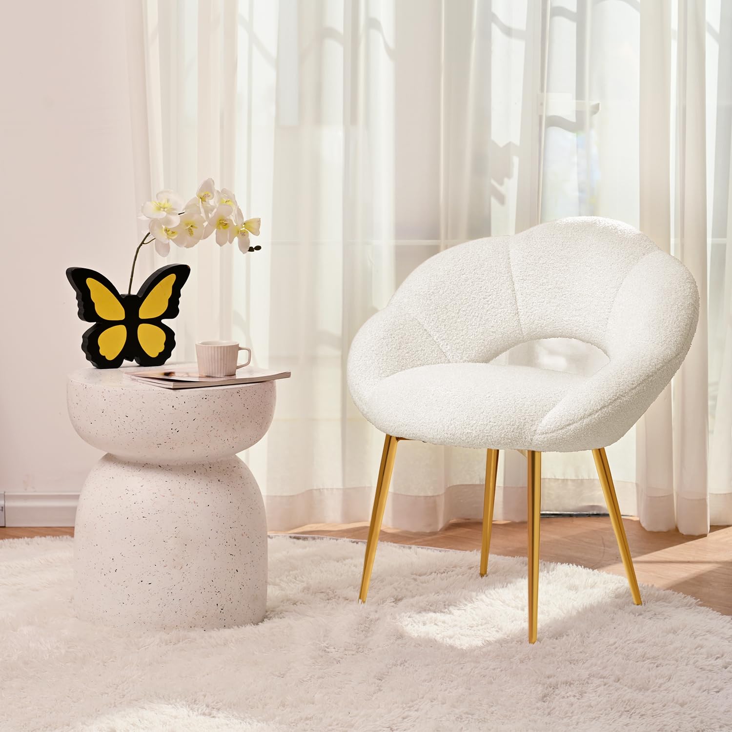 Schminktisch Stuhl, Teddy-Stoff Relaxsessel & Lesesessel, Schminkstuhl in Blumenform, Luxus Loungesessel für Arbeitszimmer, Schlafzimmer, Wohnzimmer, Balkon (Teddy-Stoff, Beige)