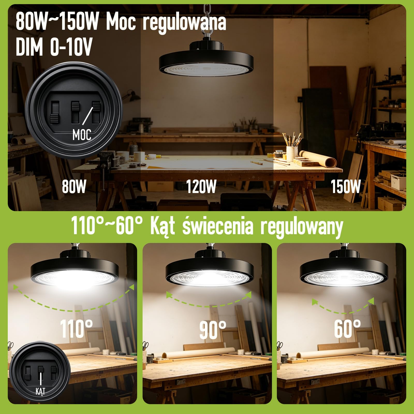 150W UFO LED High Bay Light 22500lm Możliwość ściemniania 3000K-5000K Lampa Przemysłowa IP65 Wodoszczelna Energooszczędny Reflektor Halowy do Fabryk na Lotnisko Patio Restaurację