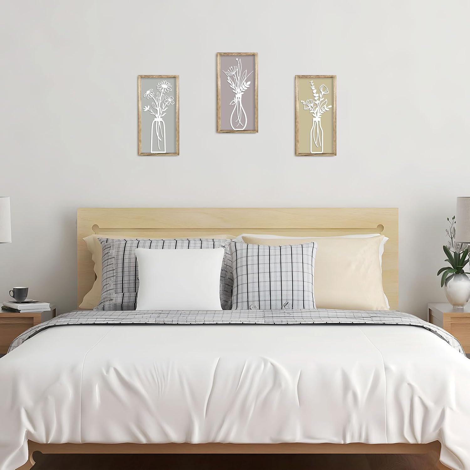 Pigort 3 Pieces Wooden Framed Floral Wall Arts - Farmhouse Flower Wall Art Natural Themed Home Wall Decors for Living Room Bedroom Dining Room Office 7.8x15.7 Inch (Retro)