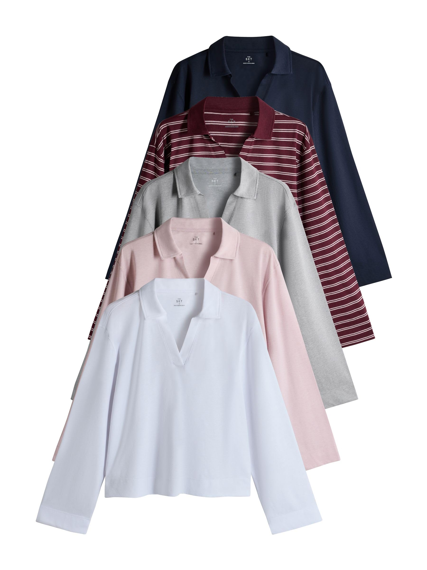 THE SET Femme T-Shirt léger Essential à Manches Longues et col Trophy, Lot de 5