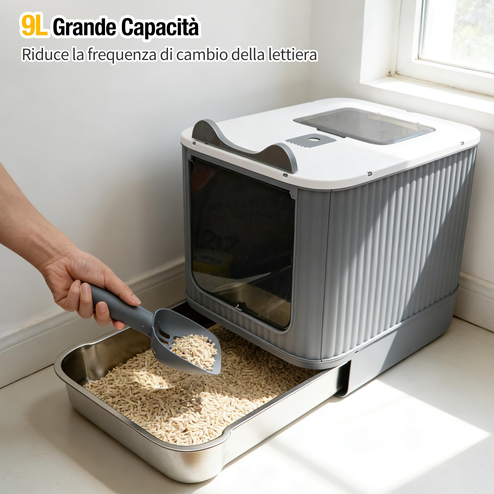 Lettiera per Gatti in Acciaio Inox, Lettiera Gatto Chiusa con Coperchio, Tappetino e Paletta, Lettiere in Metallo Rimovibile con Carbone Attivo - Resistente Agli Odori, Per Gatti Fino a 5,4 kg