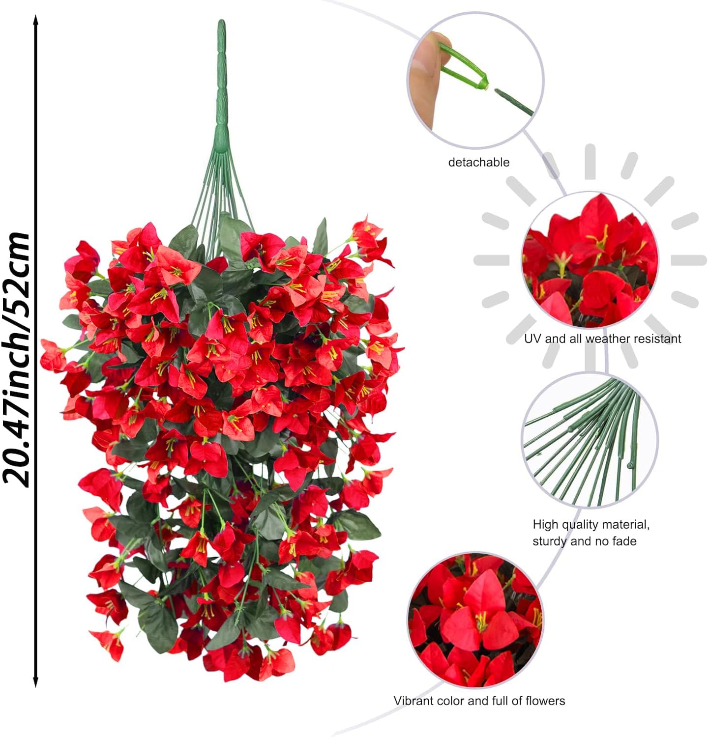 Bougainvillea Artificial Hanging Flowers Plants for Outdoors UV Resistant Faux Trailing Hanging Vine Outdoor Hanging Plants for Front Porch, Balcony, Patio, Outdoor Planter (Red-2PCS) - Image 3