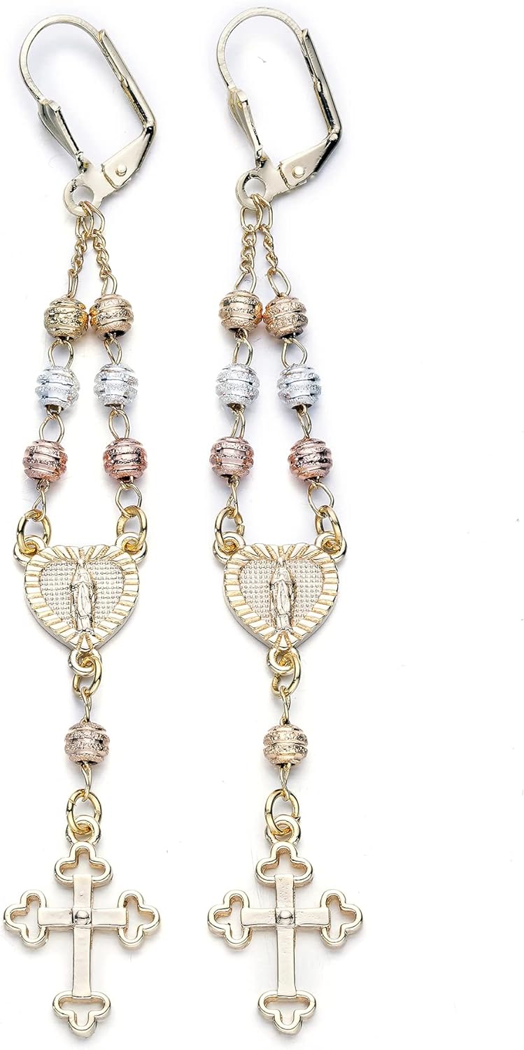 14KT GP Guadalupe Virgin Mary Tri-Color Rosary Earrings - A Devout's Delight 14KT GP Guadalupe Virgin Mary Tri-Color Rosary Earrings - A Devout's Delight