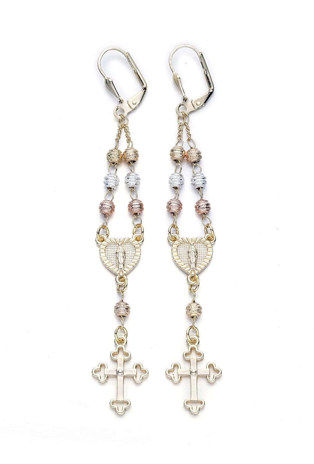 14KT GP GUADALUPE VIRGIN MARY TRI-COLOR ROSARY EARRINGS