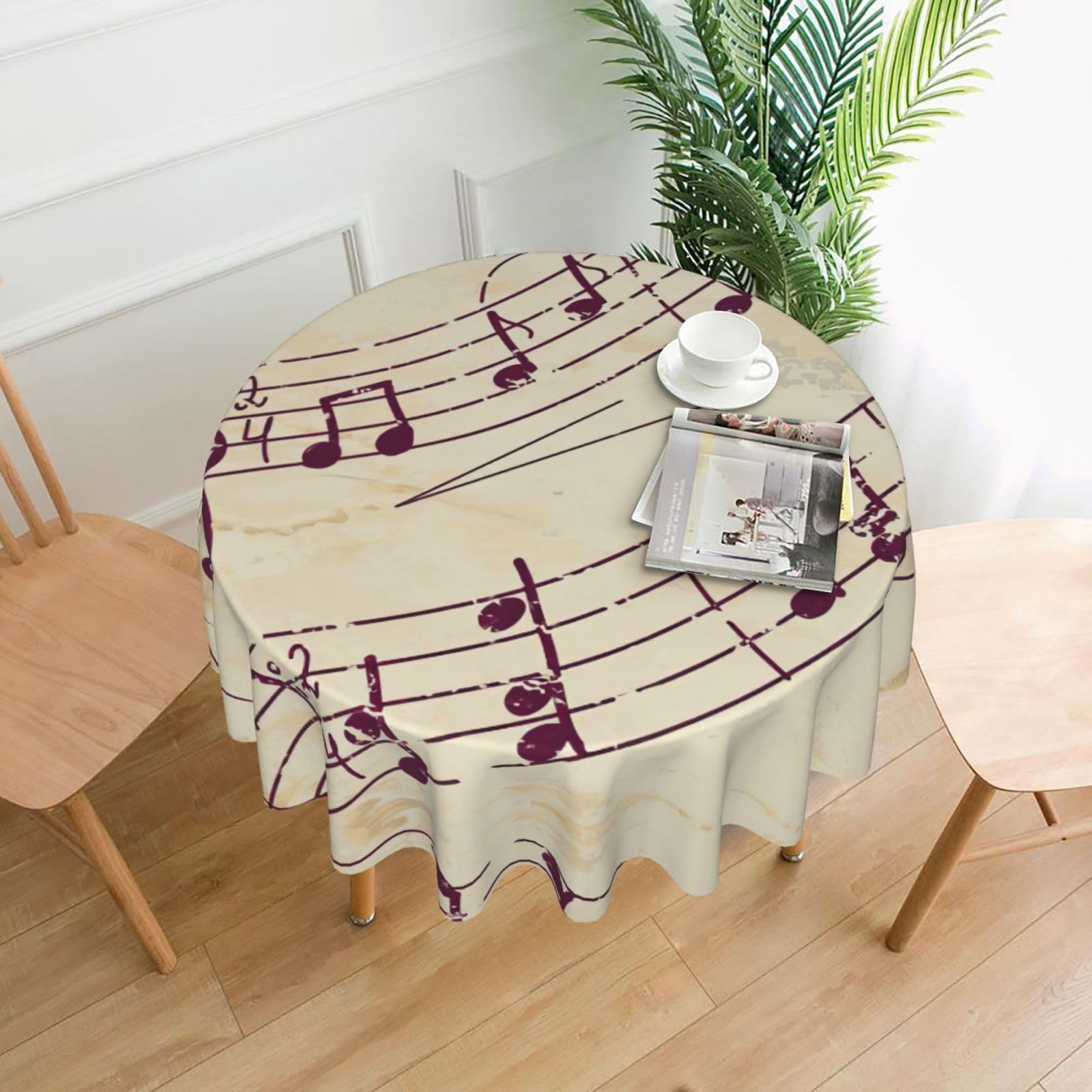 Uusnwaa Musical Note Floral Print Round Tablecloth 60 Inch, Stain Wrinkle Resistant Washable Polyester Table Cover For Kitchen Party