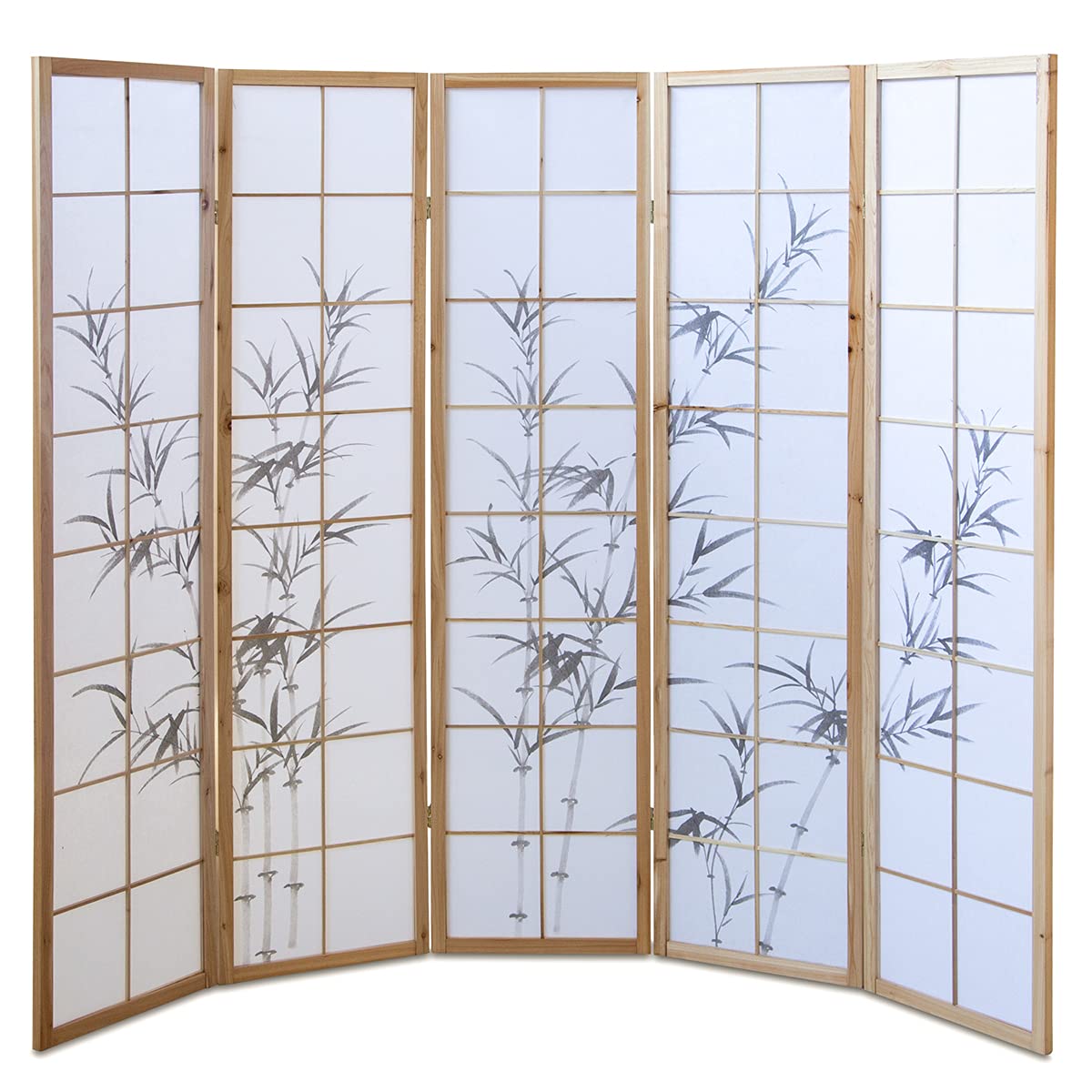 PEGANE Paravent Japonais en Bois Naturel avec Dessin Bambou 5 Panneaux