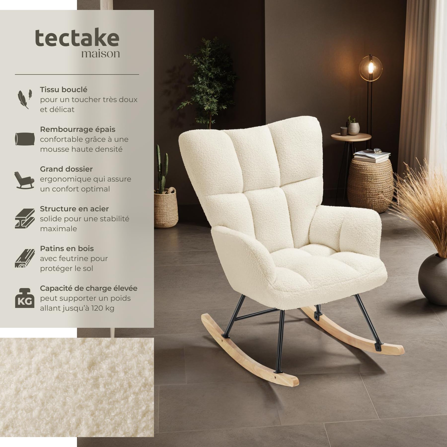 tectake® Rocking Chair Fauteuil à Bascule avec Accoudoirs Fauteuil scandinave motif matelassé Chaise Relax rembourée Cadre en Acier Fauteuils Salon Veranda Chaise Ergonomique idéal Détente Allaitement