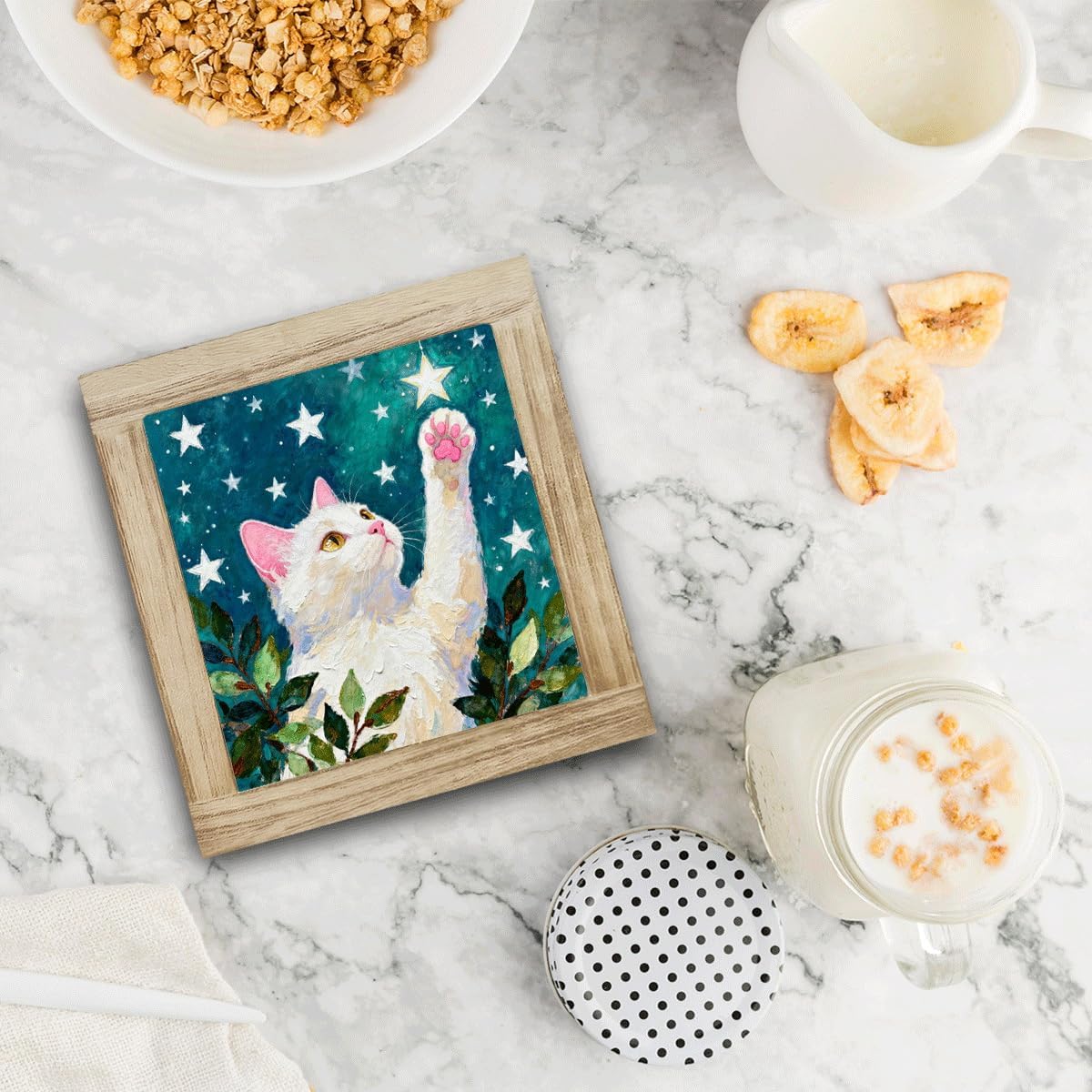 White Cat Wooden Box Sign Decor, Celestial Cat Artwork, Framed Mini Wall Art for Home Office Desk Shelf Bedroom Living Room, Cute Cat Lover Gift, Pet Memorial Decor image 3
