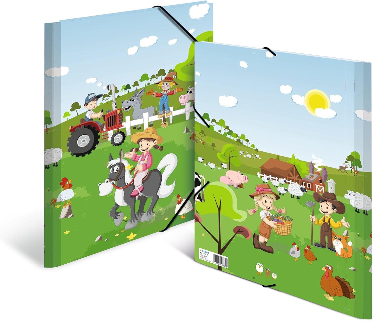 HERMA 19832 Sammelmappe DIN A3 Kindergarten Bauernhof, stabile Pappe, Ordnungsmappe mit vollständigen Innendruck und Gummizug, Zeichenmappe für Kinder, Mädchen und Jungen