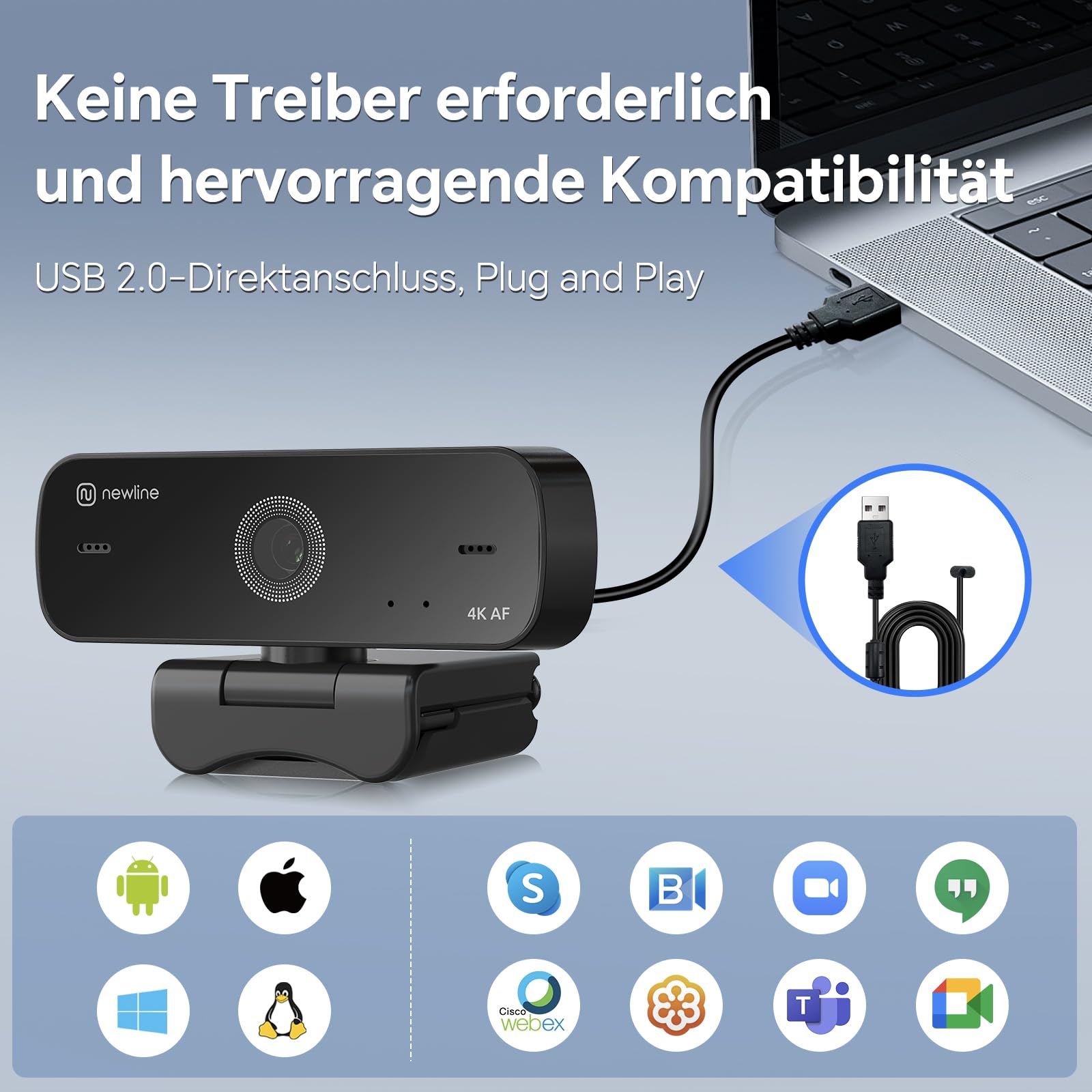 N newline PC Webcam 4k/30fps mit 2 Mikrofonen mit Rauschunterdrückung, Autofokus, Lichtkorrektur, mit Privacy Shutter und Stativ, USB 2.0 UHD Webcam für PC Mac Desktop Skype Streaming