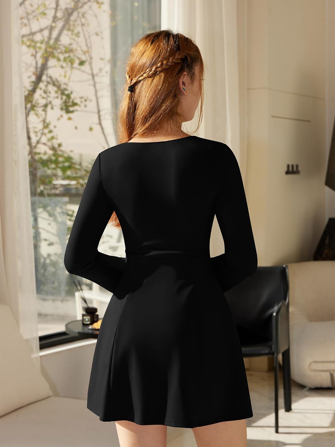 DAAWENXI Women's Casual Square Neck Mini Dress Long Sleeve A line Party Club Short Dress - Image 3