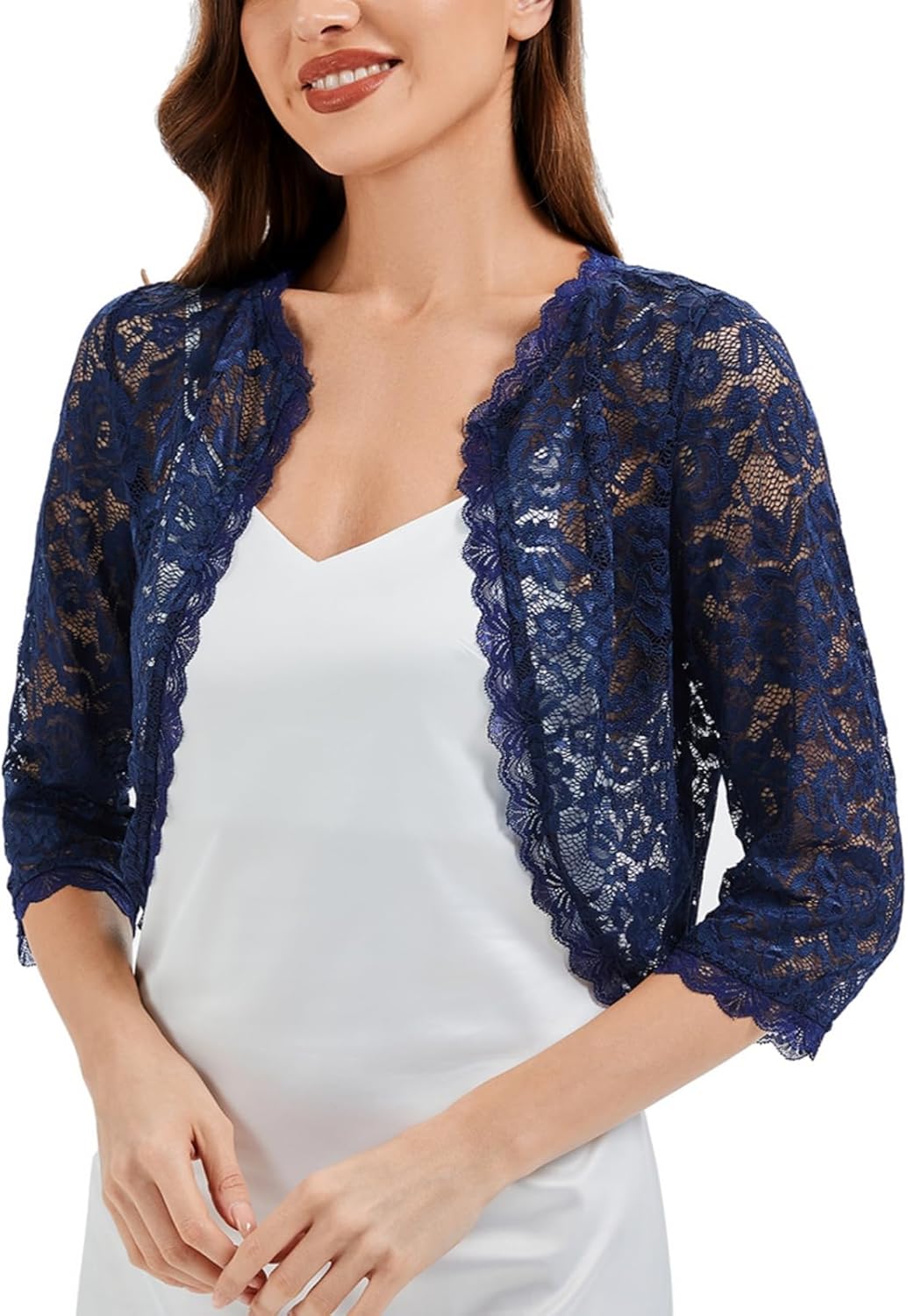 Women's Elegant 3/4 Sleeve Crochet Shrug for Dress Open Front Lightweight Floral Lace Cropped Cardigan