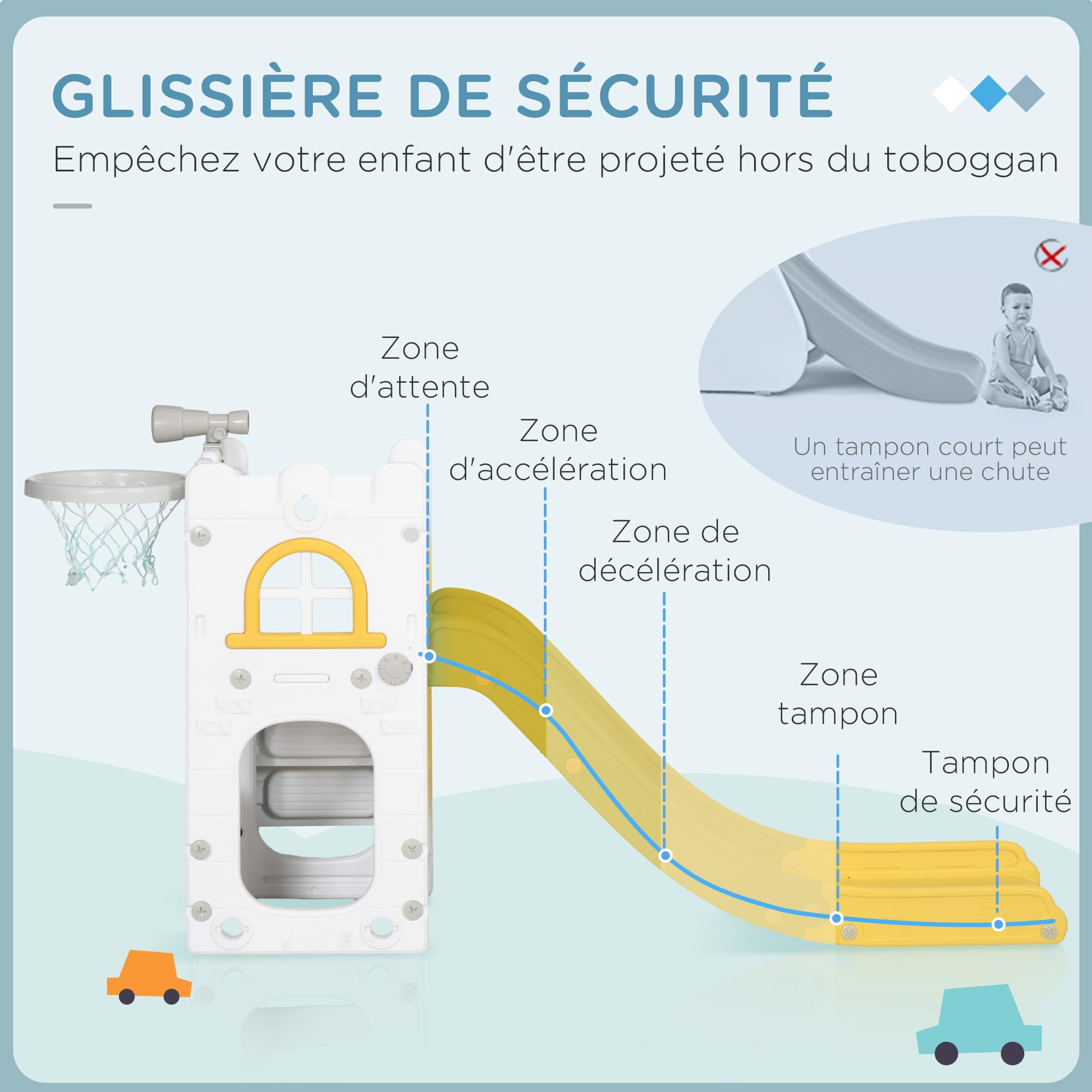 AIYAPLAY Toboggan pour Enfant 5 en 1 avec Panier de Basket Télescope Jaune | Espace de Rangement, Ballon, Escalade Antidérapante, Aire de Jeux Intérieur et Extérieur, pour Garçons et Filles 1-3 Ans