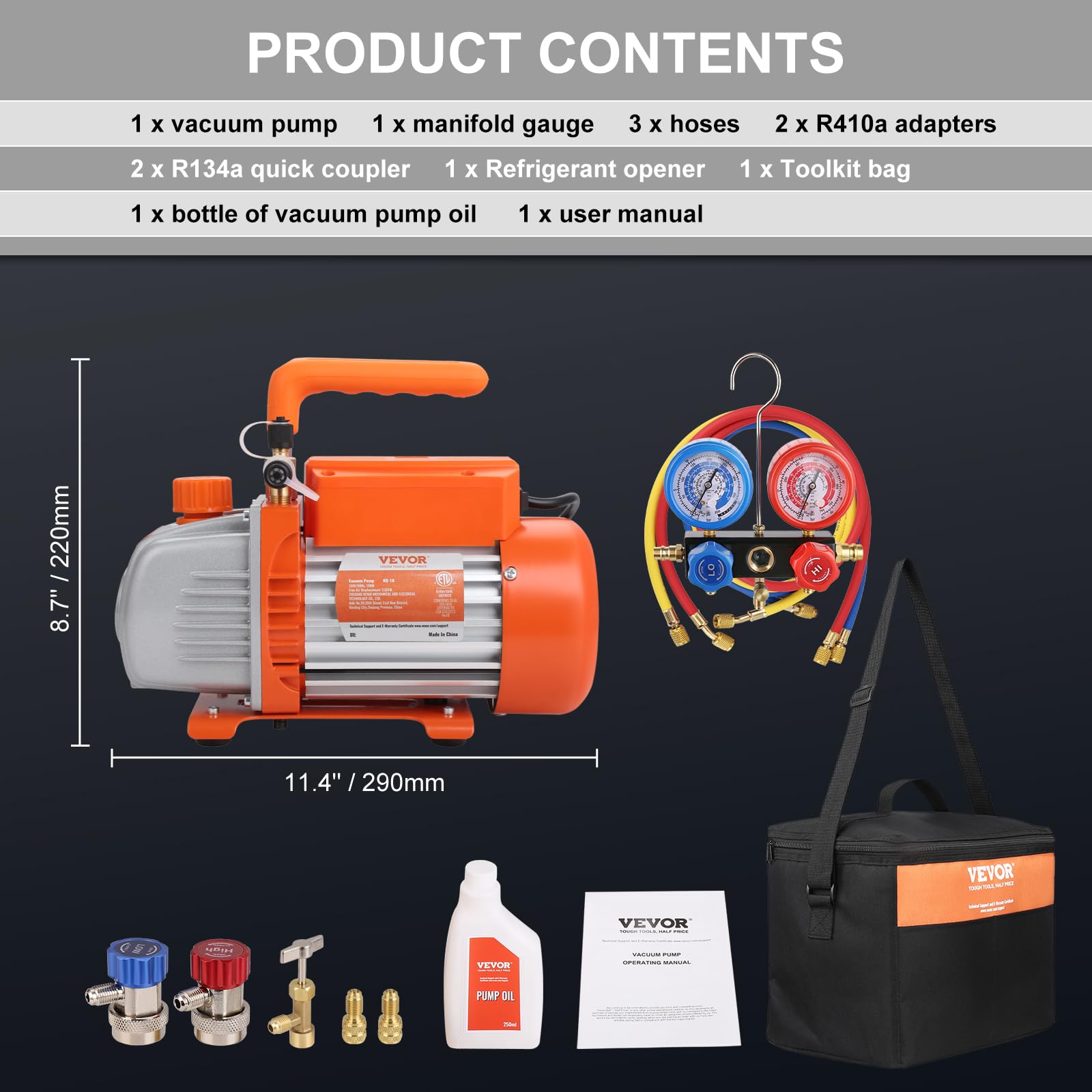 VEVOR Kit Pompa a Vuoto Monostadio per Aria Condizionata di Automobili 150W Pressione tra 55-276 bar, Kit Pompa Vuoto 100 L/min per Riparazione di Condizionatore Frigo Refrigeranti HVAC