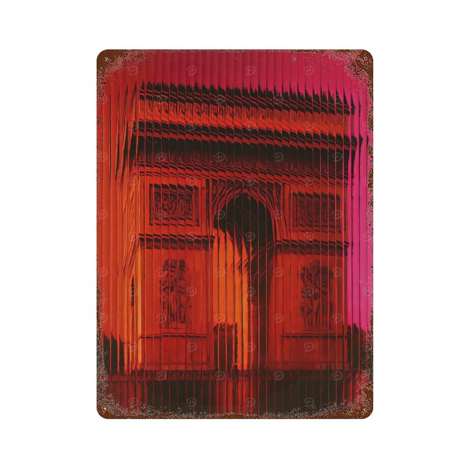 Aged Metal Wall Plaque with Arc De Triomphe Abstract Red Design 15.7"x11.8", for Basement, Hobby Room And Garage Decor, Farmhouse Wall Decor