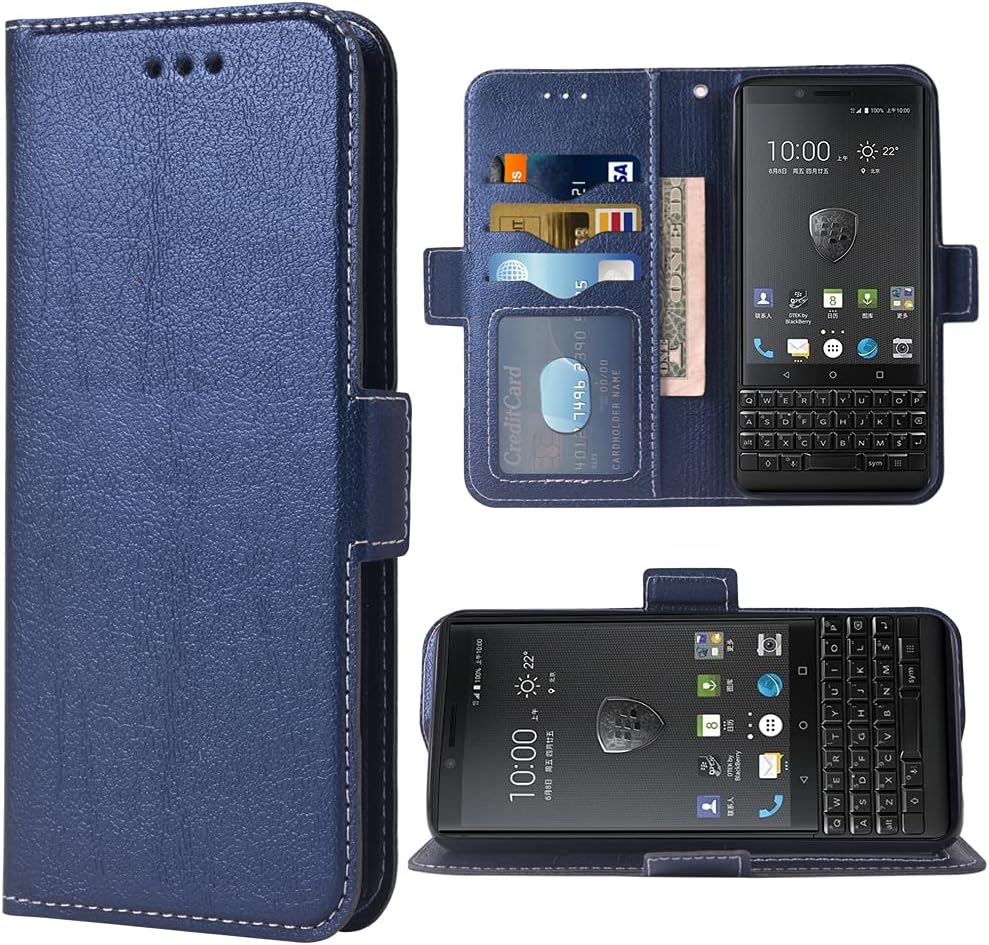Compatible with BlackBerry KEY2 Wallet Case Wrist Strap Lanyard Leather Flip Cover Card Holder Stand Cell Accessories Phone Cases for BBF100-1 BBF100-2 BBF100-4 BBF100-6 Women Men Blue