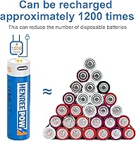 Vista 3 de Henreepow Baterías recargables de litio AA de 1.5 V, alta capacidad de 2600 mWh, batería recargable de iones de litio doble A, 1200 ciclos con cable
