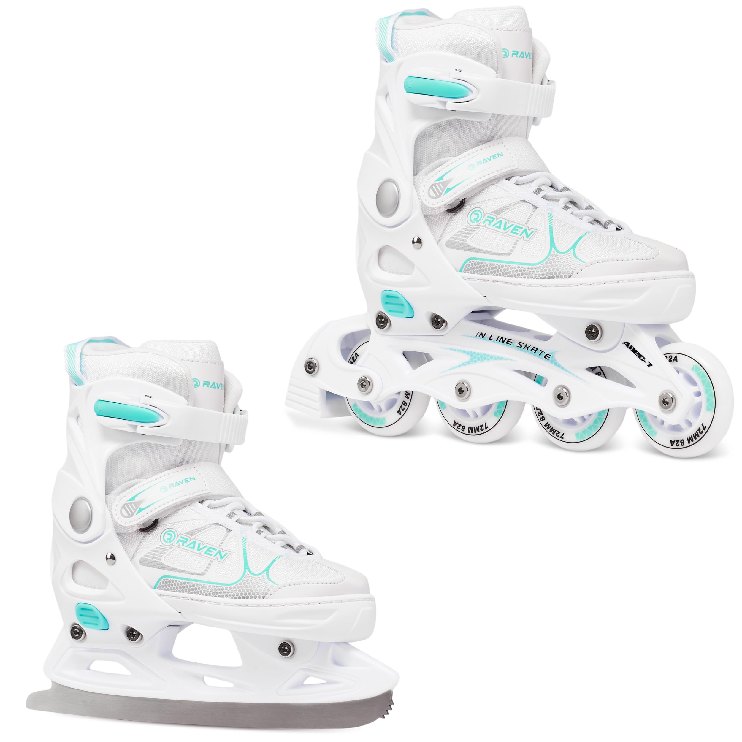 RAVEN Inline Skates Inliner für Kinder und Erwachsene OPTIONAL 2in1 mit Schlittschuhen verstellbar (Spirit White/Mint mit Kufen, 40-43 (25,5-28cm)