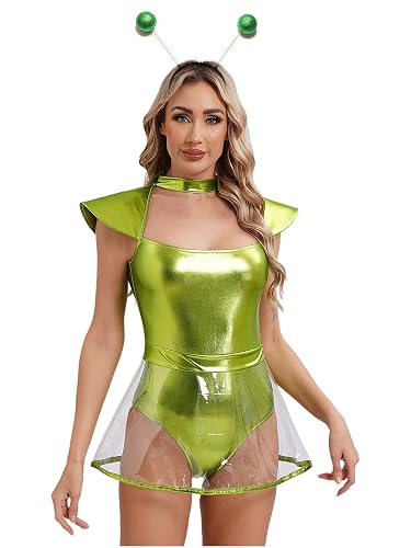 winying Womens Astronaut Alien Costume Outer Space Fighter Leotard Metallic Bodysuit Cosplay Outfit - Fluorescent Green - Small