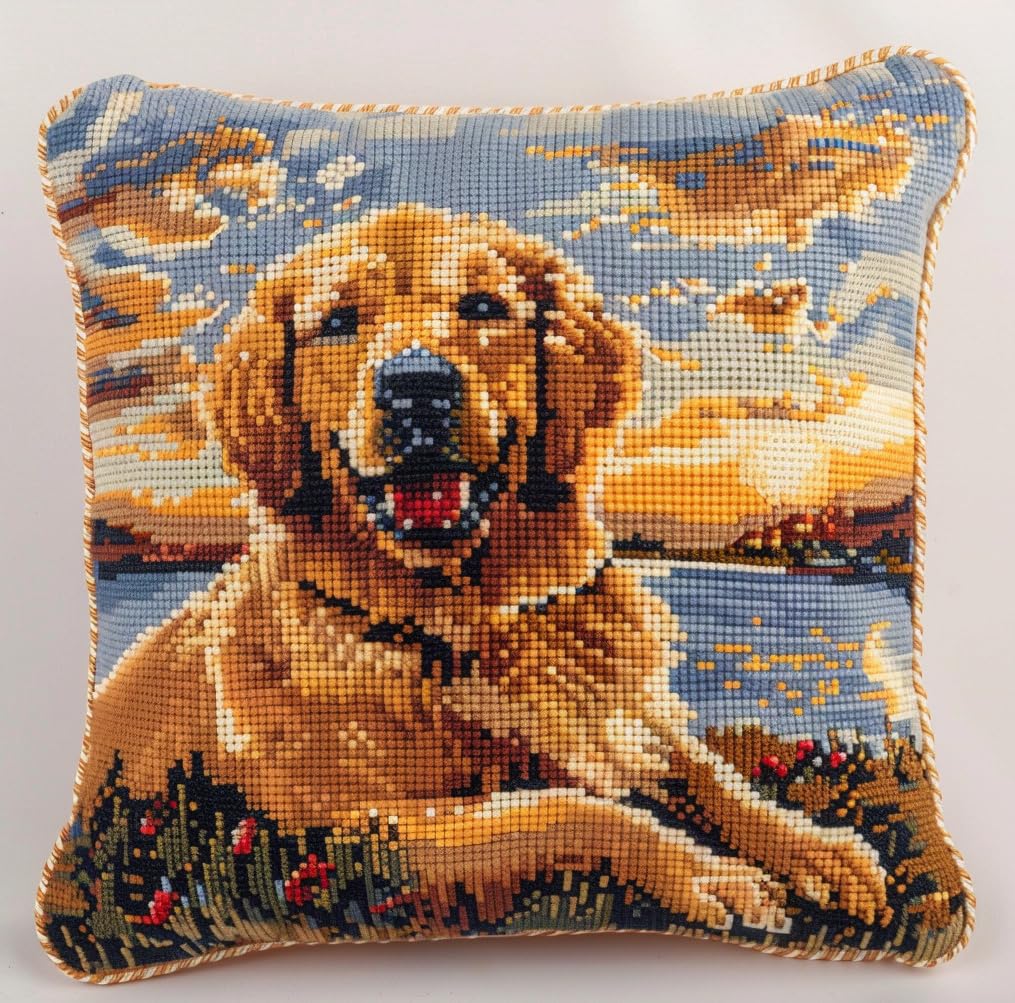 Kitphoenix Golden Latch Hook Embroidery Kits Retriever Dog At Sunset Sofa Cushion Cover 43Cmx43cm