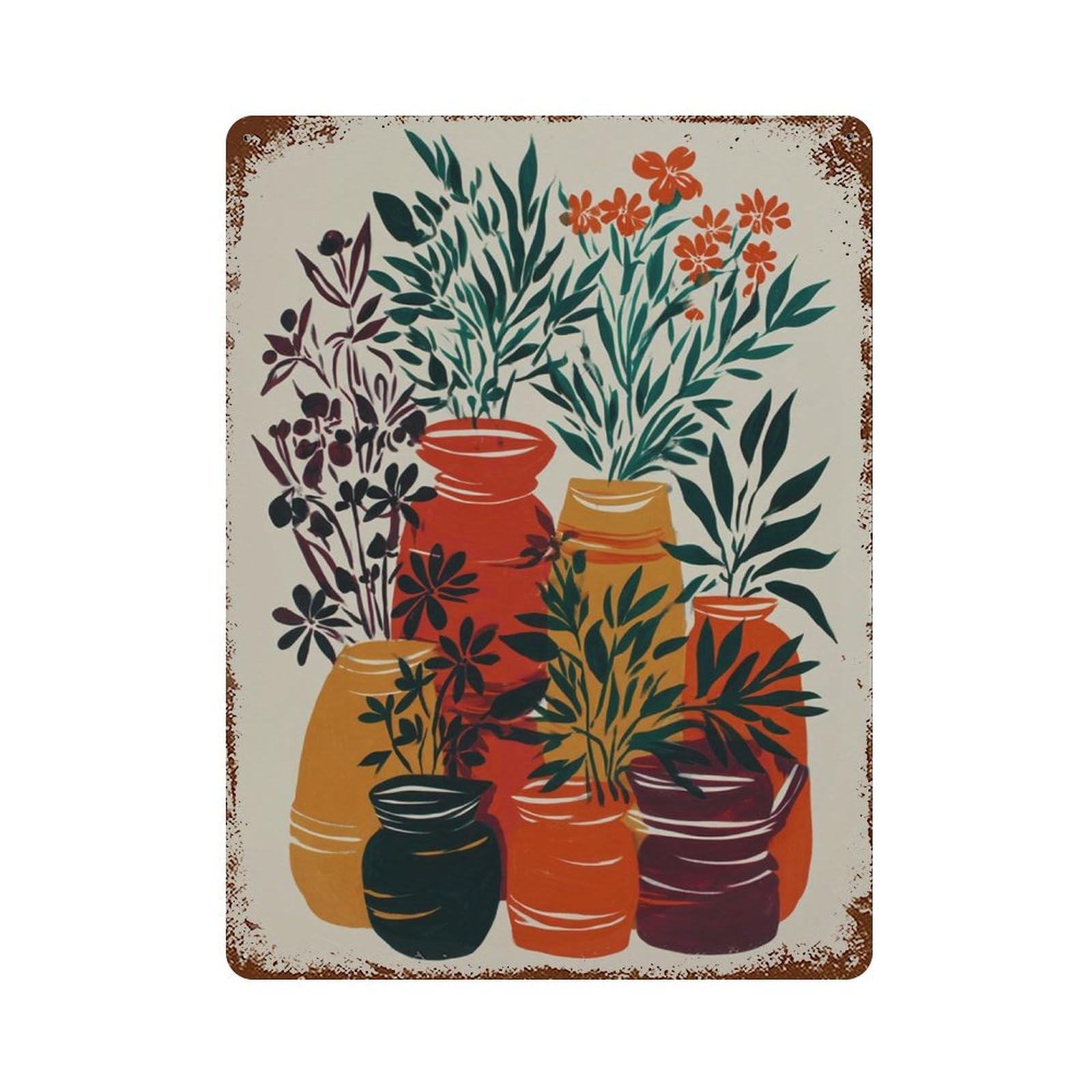 xiaoxiaoshen Orange Red Vases Abstract Botanical Folk Pottery Still Life Wall Decor Art Metal Tin Poster Modern Home Decor Art Home Bar Shop Decorations Vintage Sign 40x30cm