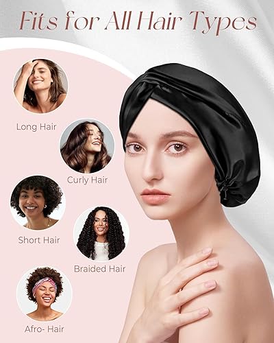 Miniatura 9 de Miss Adola Gorro de seda 100% morera para mujer, juego de dormir de 19 momme de seda natural para el cuidado del cabello con máscara de ojos y gorro