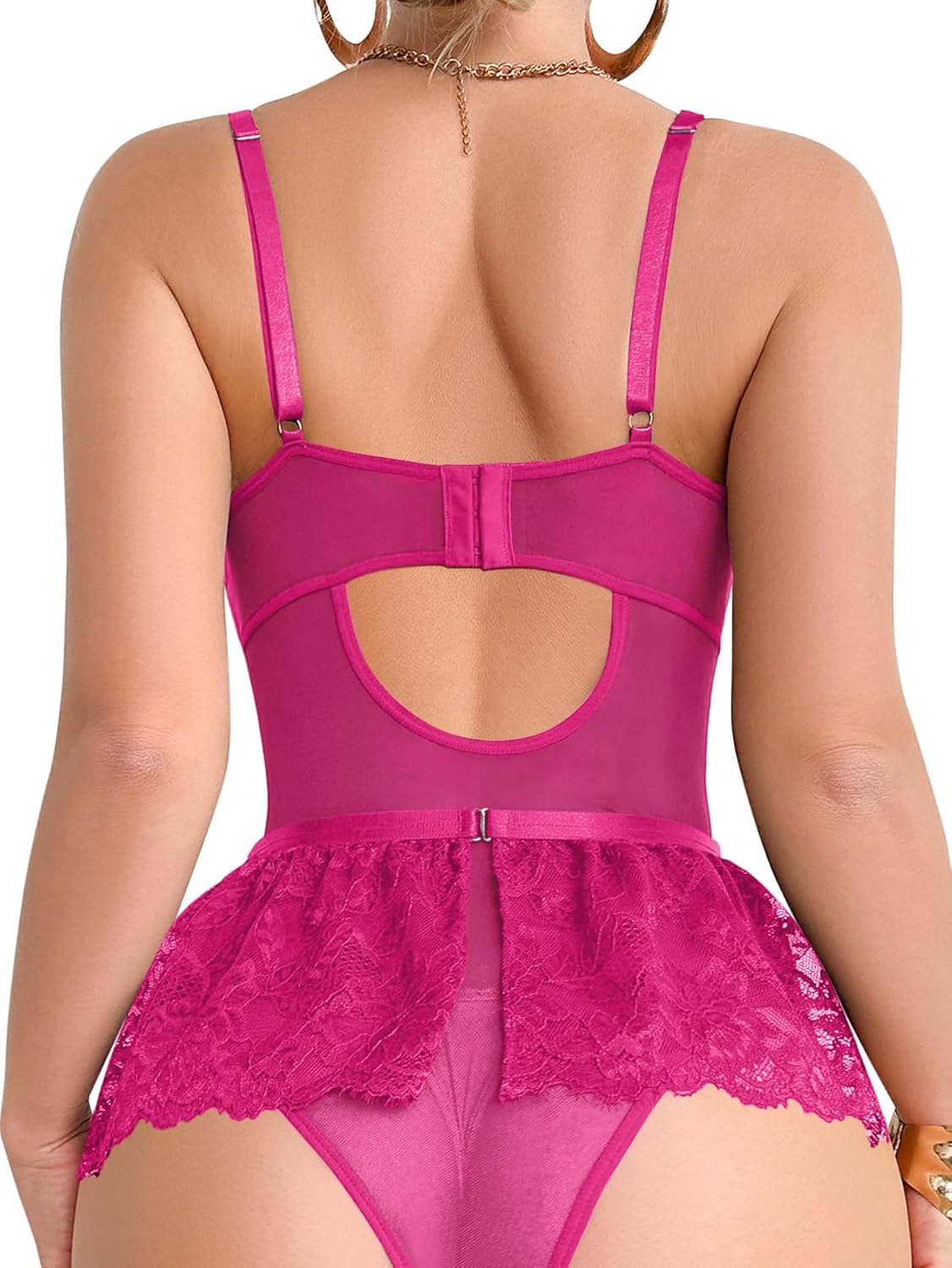 Sexy Stocking Underwire Push Up Rhinestones Heart Floral Lace Mesh Sheer Garter Bodysuit Skirt Lingerie Set 3 Piece - Image 2