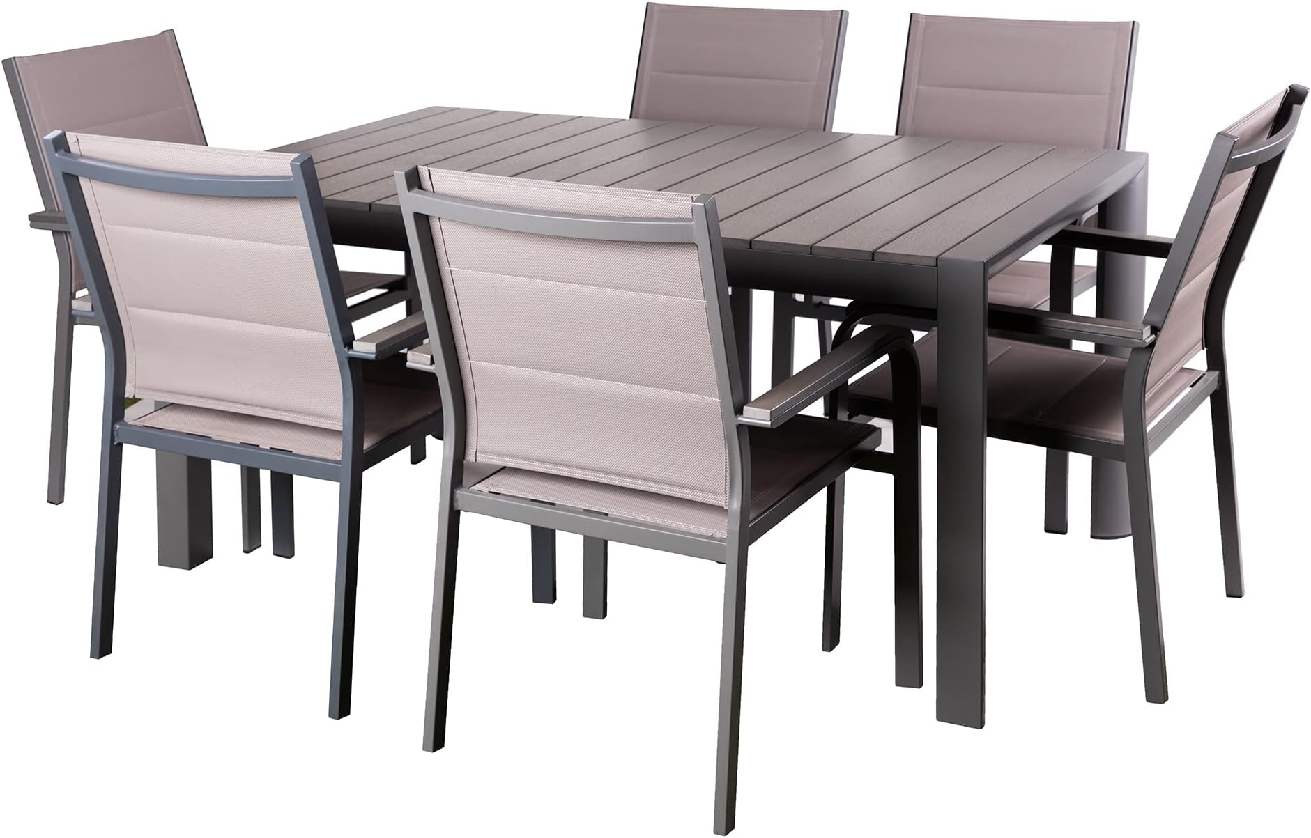 Alfresia Garden Dining Set – 6 Outdoor Textilene Chairs and Rectangular Table, Al Fresco Living, Weather Resistant, Stackable Space Saving Outside Furniture, Aluminium Frame, Durable Materials, Grey
