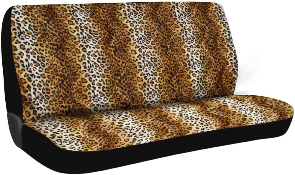 12-Piece Safari Animal Print Automotive Interior Gift Set - 2 Leopard Tan Low Back Front Bucket Seat Covers with Separate Headrest Cover, 1 Leopard Tan Steering Wheel Cover, 2 Leopard Tan Shoulder Harness Pressure Relief Cover, 1 Leopard Tan Bench Cover and 1 Leopard Tan Plastic License Plate Frame