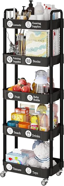 Dttwacoyh,5 Tier Utility Cart, Mobile Rolling Storage Trolley with Wheels, Shelf with Handle, Shelf for Kitchen, Bathroom, Office, Laundry, Makeup, Black