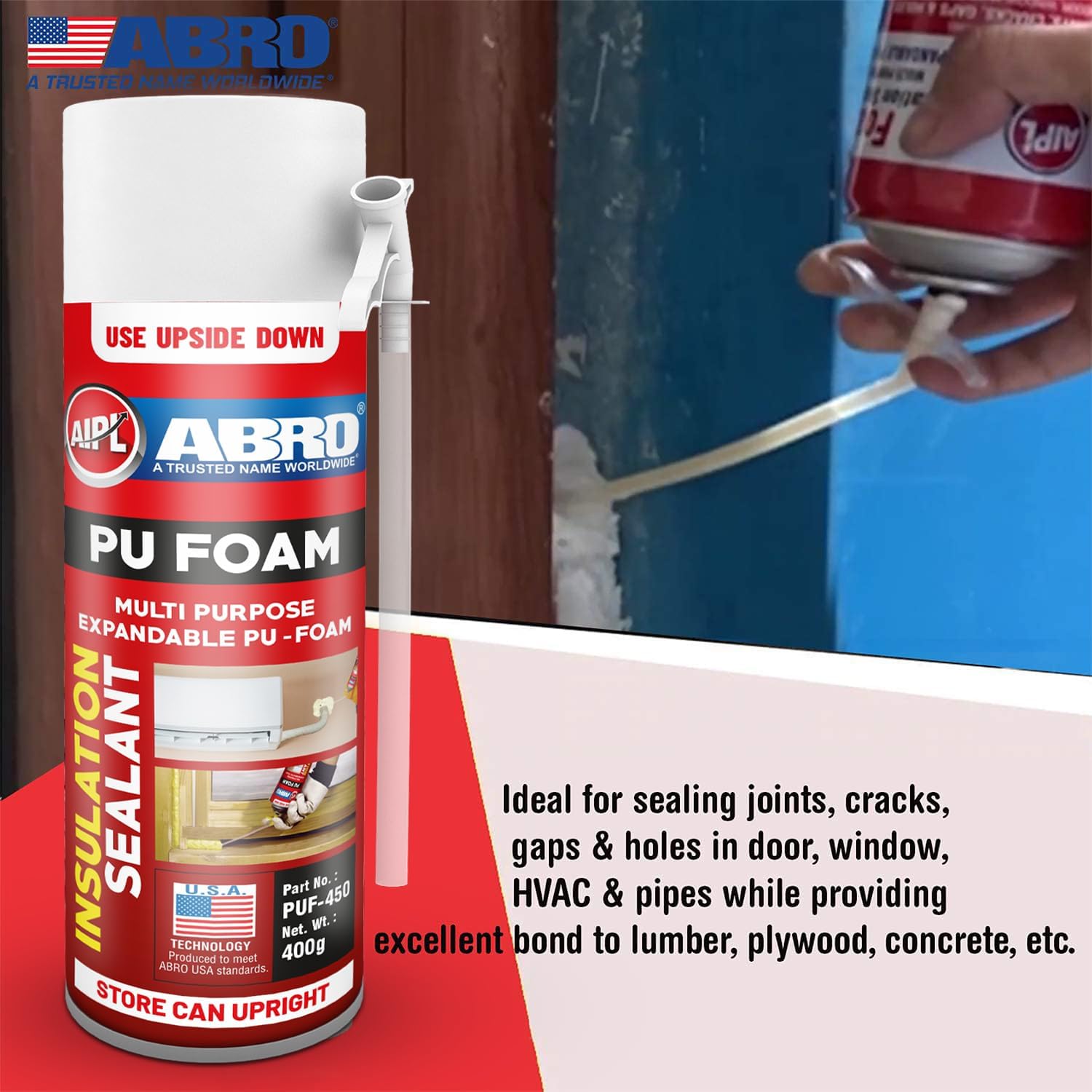 ABRO PUF-450 DIY PU Foam Sealant Spray White for Repair Bigger Large Holes Gap Crack Wall Filing Multipurpose Expandable Waterproof no Shrinkage Doors PVC Pipe & AC ducts (Pack of 12) - Image 6 thumbnail