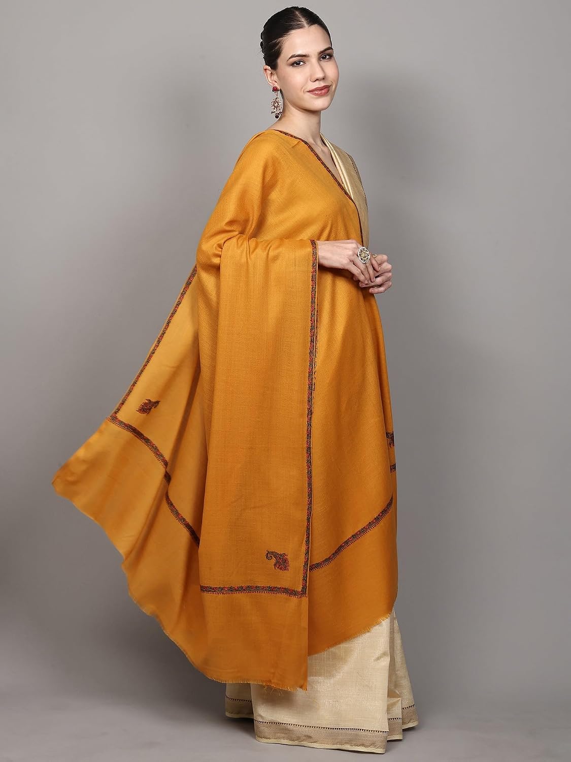 Exotic India Plain Kashmiri Kingri Shawl with Sozni Hand-Embroidery on Border