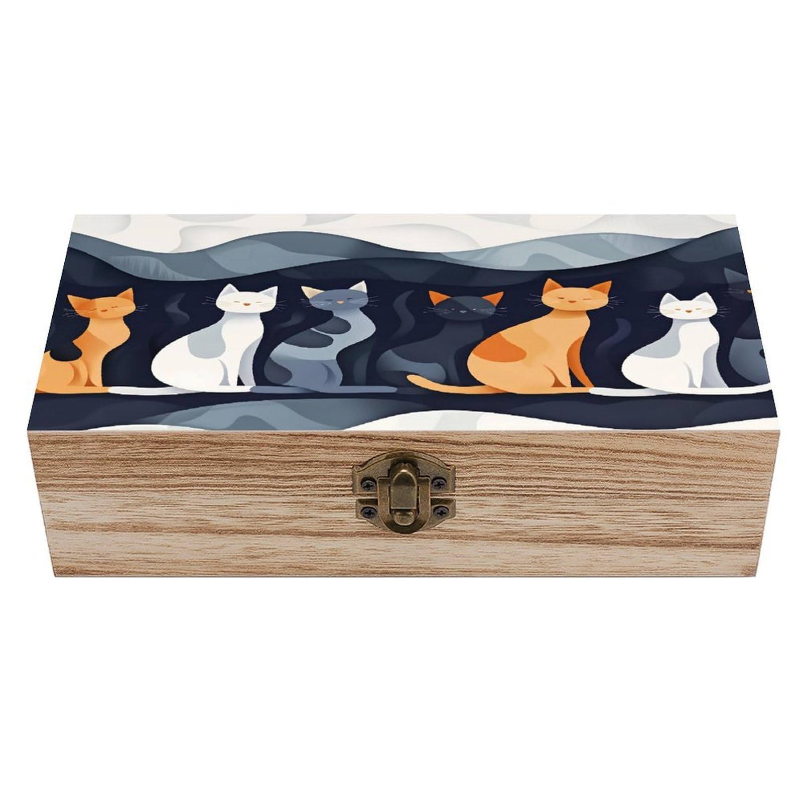 HLBSDM Cats Sitting In A Row Vintage Wooden Keepsake Box with Hinged Lid And Locking Clasp, Decorative Storage Box for Jewelry, Trinkets And Small Accessories, Organizer for Home Or Wedding